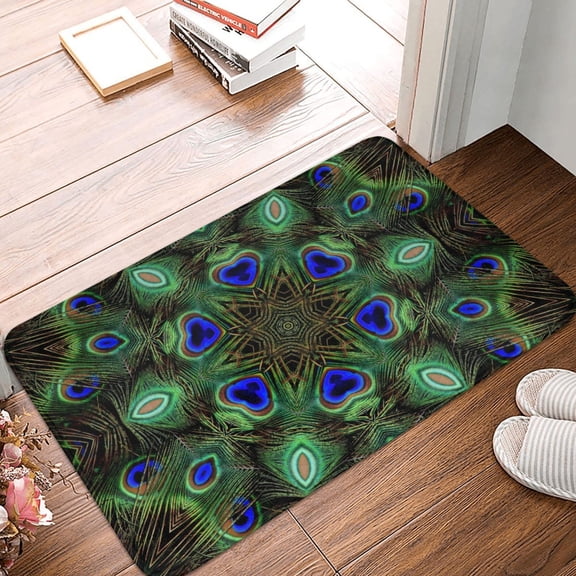 Front Door Mat Indoor Outdoor Outside Entrance - 16*24in Washable Peacock Feathers Thin Bathroom Rugs Fit Under Door, Bath Rugs for Bathroom, Kitchen Rugs Mats for Floor