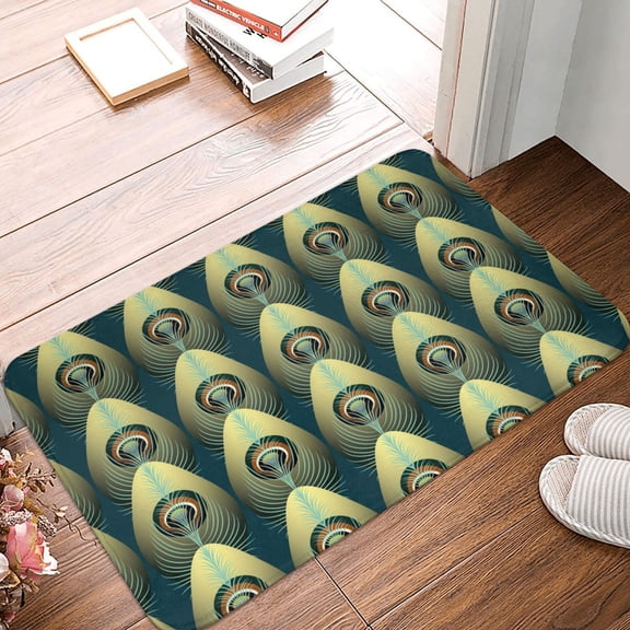 Front Door Mat Indoor Outdoor Outside Entrance - 16*24in Washable Peacock Gold Feather Thin Bathroom Rugs Fit Under Door, Bath Rugs for Bathroom, Kitchen Rugs Mats for Floor