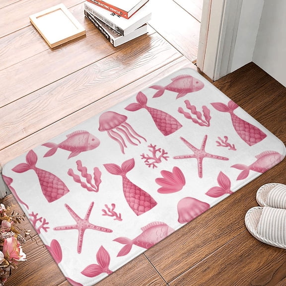 Front Door Mat Indoor Outdoor Outside Entrance - 16*24in Washable Pink Fish Jellyfish Thin Bathroom Rugs Fit Under Door, Bath Rugs for Bathroom, Kitchen Rugs Mats for Floor