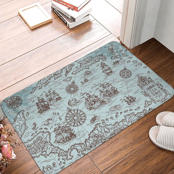 Front Door Mat Indoor Outdoor Outside Entrance - 16*24in Washable Pirate Adventure Map Thin Bathroom Rugs Fit Under Door, Bath Rugs for Bathroom, Kitchen Rugs Mats for Floor
