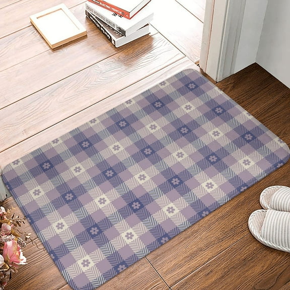 Front Door Mat Indoor Outdoor Outside Entrance - 16*24in Washable Purple Gingham Check Plaid Thin Bathroom Rugs Fit Under Door, Bath Rugs for Bathroom, Kitchen Rugs Mats for Floor