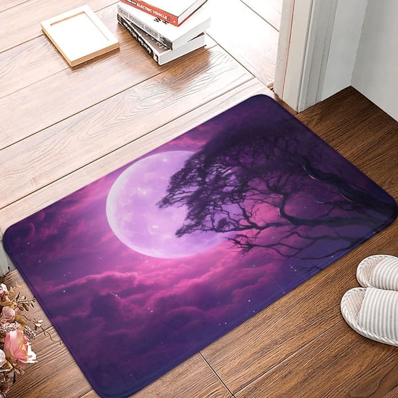Front Door Mat Indoor Outdoor Outside Entrance - 16*24in Washable Purple Moon Tree Night Sky Thin Bathroom Rugs Fit Under Door, Bath Rugs for Bathroom, Kitchen Rugs Mats for Floor