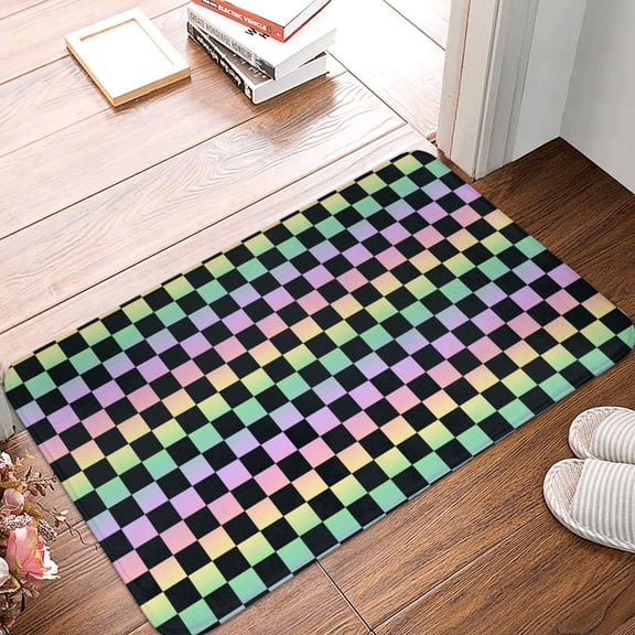 Front Door Mat Indoor Outdoor Outside Entrance - 16*24in Washable Rainbow Gradient Colorful Checkered Thin Bathroom Rugs Fit Under Door, Bath Rugs for Bathroom, Kitchen Rugs Mats for Floor