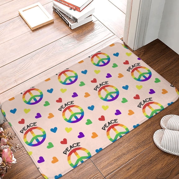 Front Door Mat Indoor Outdoor Outside Entrance - 16*24in Washable Rainbow Hearts Peace Sign Thin Bathroom Rugs Fit Under Door, Bath Rugs for Bathroom, Kitchen Rugs Mats for Floor