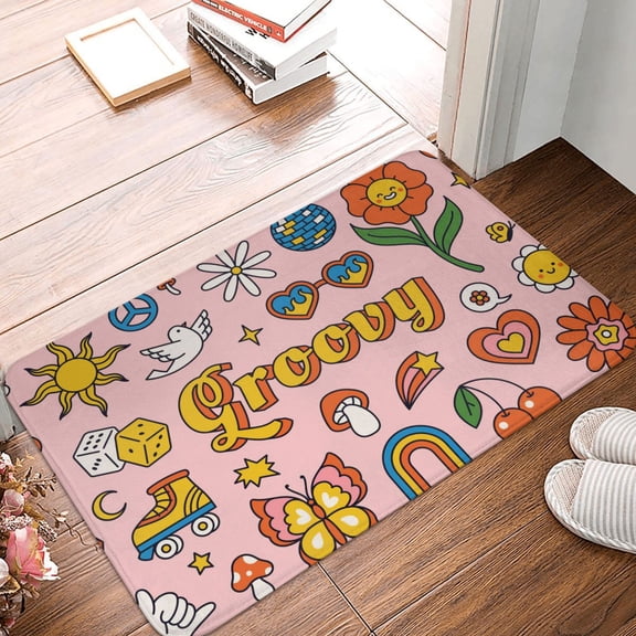 Front Door Mat Indoor Outdoor Outside Entrance - 16*24in Washable Retro 70s Hippie Thin Bathroom Rugs Fit Under Door, Bath Rugs for Bathroom, Kitchen Rugs Mats for Floor