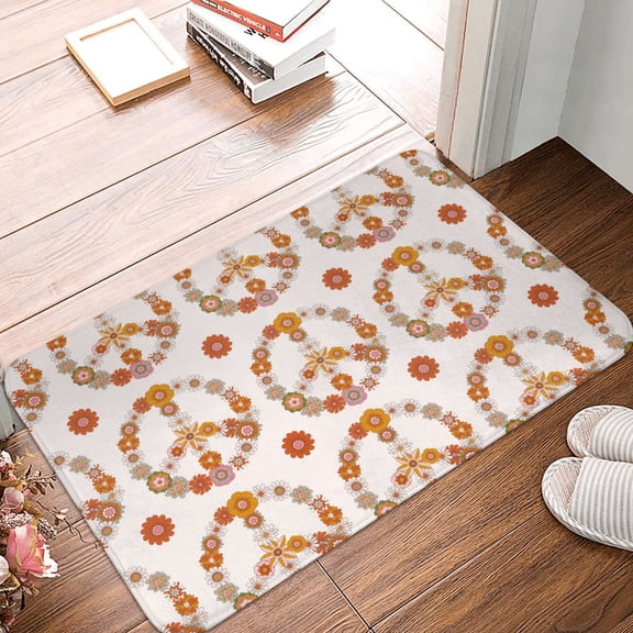 Front Door Mat Indoor Outdoor Outside Entrance - 16*24in Washable Retro Flowers Peace Sign Thin Bathroom Rugs Fit Under Door, Bath Rugs for Bathroom, Kitchen Rugs Mats for Floor