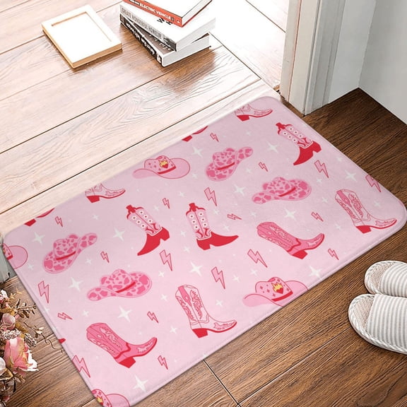 Front Door Mat Indoor Outdoor Outside Entrance - 16*24in Washable Retro Pink Cowgirl Boots Hat Thin Bathroom Rugs Fit Under Door, Bath Rugs for Bathroom, Kitchen Rugs Mats for Floor
