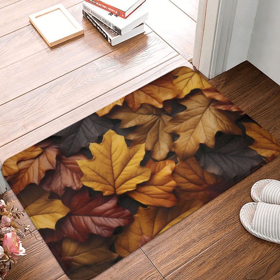 Front Door Mat Indoor Outdoor Outside Entrance - 16*24in Washable Rich Autumn Maple Leaf Texture Thin Bathroom Rugs Fit Under Door, Bath Rugs for Bathroom, Kitchen Rugs Mats for Floor