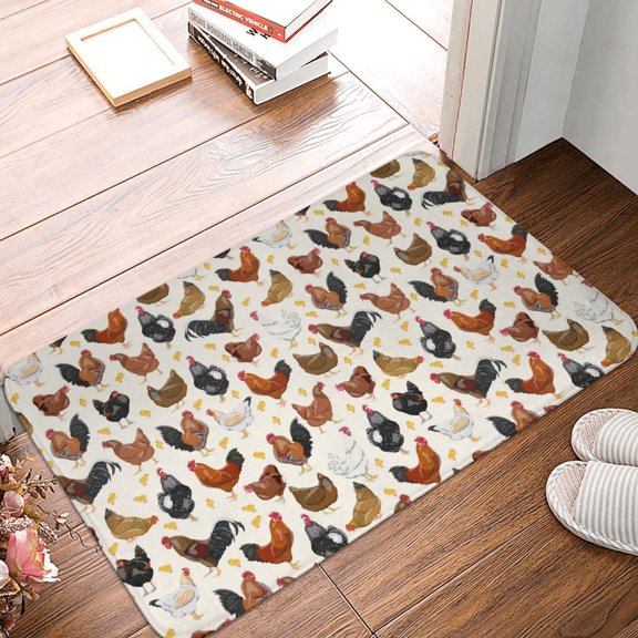 Front Door Mat Indoor Outdoor Outside Entrance - 16*24in Washable Roosters And Chickens Thin Bathroom Rugs Fit Under Door, Bath Rugs for Bathroom, Kitchen Rugs Mats for Floor