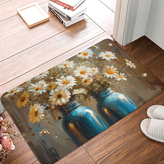 Front Door Mat Indoor Outdoor Outside Entrance - 16*24in Washable Rustic Daisy Mason Jars Thin Bathroom Rugs Fit Under Door, Bath Rugs for Bathroom, Kitchen Rugs Mats for Floor