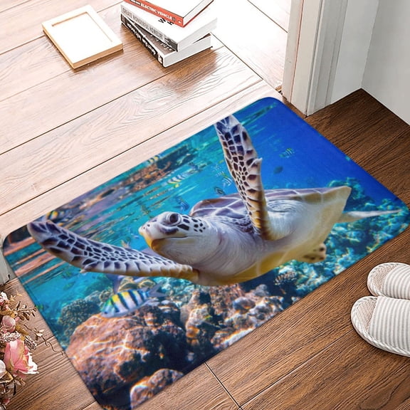 Front Door Mat Indoor Outdoor Outside Entrance - 16*24in Washable Sea Turtle Swims Thin Bathroom Rugs Fit Under Door, Bath Rugs for Bathroom, Kitchen Rugs Mats for Floor