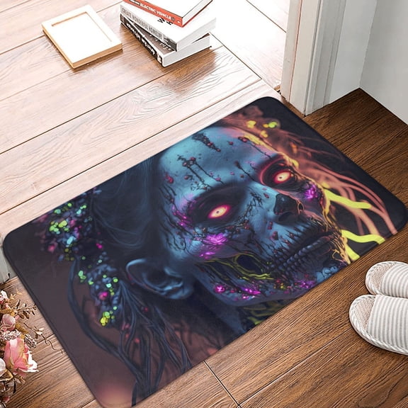 Front Door Mat Indoor Outdoor Outside Entrance - 16*24in Washable Skull Witch Thin Bathroom Rugs Fit Under Door, Bath Rugs for Bathroom, Kitchen Rugs Mats for Floor