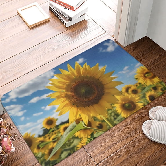 Front Door Mat Indoor Outdoor Outside Entrance - 16*24in Washable Sky Golden Sunflower Field Thin Bathroom Rugs Fit Under Door, Bath Rugs for Bathroom, Kitchen Rugs Mats for Floor