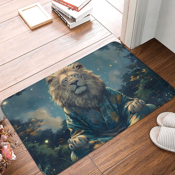 Front Door Mat Indoor Outdoor Outside Entrance - 16*24in Washable Starry Sky Meditating Lion Thin Bathroom Rugs Fit Under Door, Bath Rugs for Bathroom, Kitchen Rugs Mats for Floor