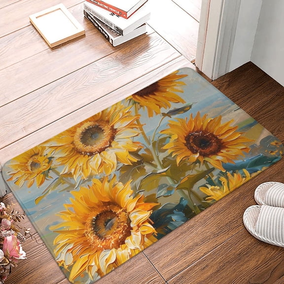 Front Door Mat Indoor Outdoor Outside Entrance - 16*24in Washable Sunflower Field Art Thin Bathroom Rugs Fit Under Door, Bath Rugs for Bathroom, Kitchen Rugs Mats for Floor