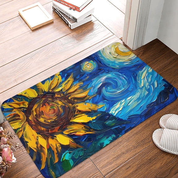 Front Door Mat Indoor Outdoor Outside Entrance - 16*24in Washable Sunflower Starry Night Vibes Thin Bathroom Rugs Fit Under Door, Bath Rugs for Bathroom, Kitchen Rugs Mats for Floor