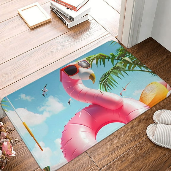 Front Door Mat Indoor Outdoor Outside Entrance - 16*24in Washable Tropical Flamingo Pool Float Thin Bathroom Rugs Fit Under Door, Bath Rugs for Bathroom, Kitchen Rugs Mats for Floor