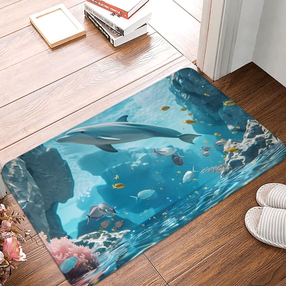 Front Door Mat Indoor Outdoor Outside Entrance - 16*24in Washable Underwater Dolphin Scene Thin Bathroom Rugs Fit Under Door, Bath Rugs for Bathroom, Kitchen Rugs Mats for Floor