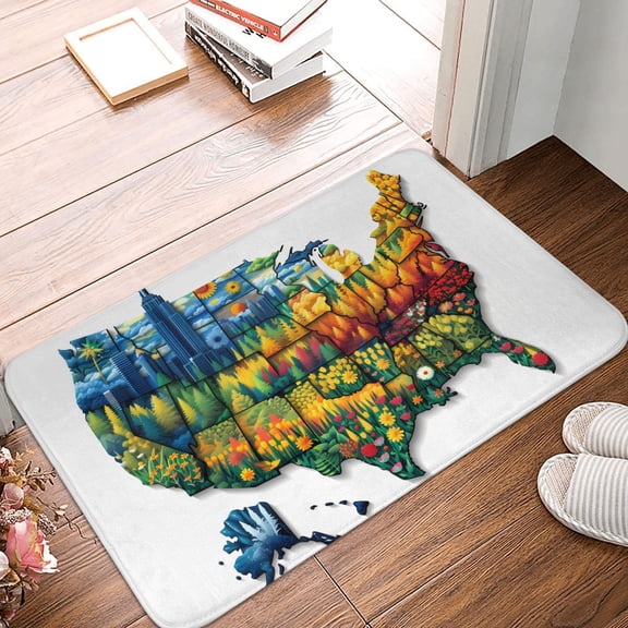 Front Door Mat Indoor Outdoor Outside Entrance - 16*24in Washable Usa Map Floral States Thin Bathroom Rugs Fit Under Door, Bath Rugs for Bathroom, Kitchen Rugs Mats for Floor