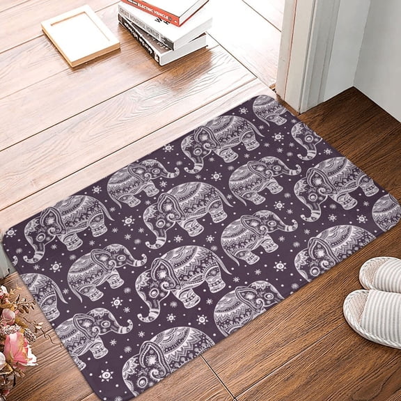 Front Door Mat Indoor Outdoor Outside Entrance - 16*24in Washable Vintage Indian Lotus Elephant Thin Bathroom Rugs Fit Under Door, Bath Rugs for Bathroom, Kitchen Rugs Mats for Floor