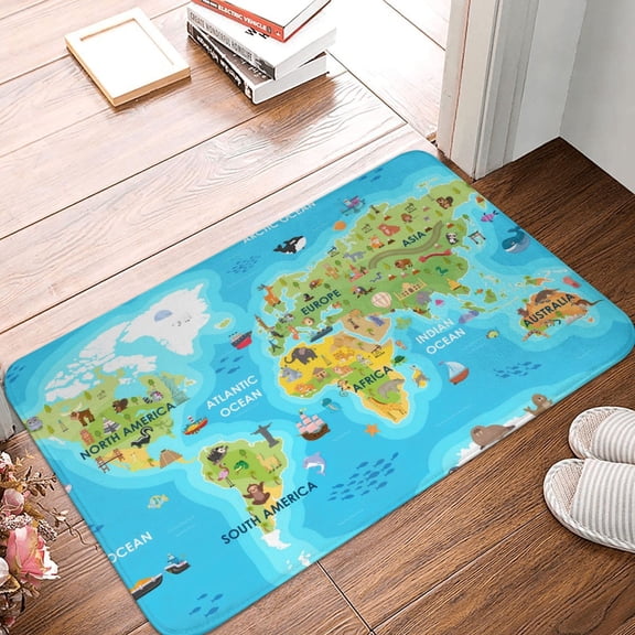 Front Door Mat Indoor Outdoor Outside Entrance - 16*24in Washable World Map With Animals Landmarks Thin Bathroom Rugs Fit Under Door, Bath Rugs for Bathroom, Kitchen Rugs Mats for Floor