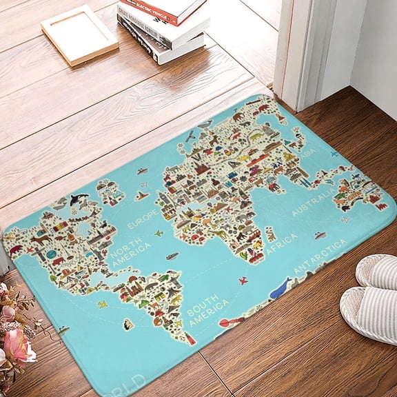 Front Door Mat Indoor Outdoor Outside Entrance - 16*24in Washable World Travel Line Icons Map Thin Bathroom Rugs Fit Under Door, Bath Rugs for Bathroom, Kitchen Rugs Mats for Floor