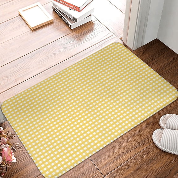 Front Door Mat Indoor Outdoor Outside Entrance - 16*24in Washable Yellow Gingham Thin Bathroom Rugs Fit Under Door, Bath Rugs for Bathroom, Kitchen Rugs Mats for Floor