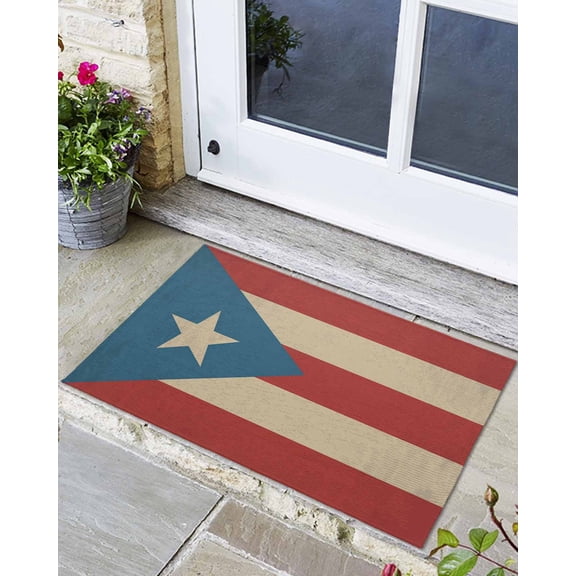 Front Door Mat Indoor Outdoor Puerto Rico Flag Red Stripe Stars Non-Slip Doormat Low Profile Patio Porch Entryway Rug 24x32in Vintage Flags Pentagram
