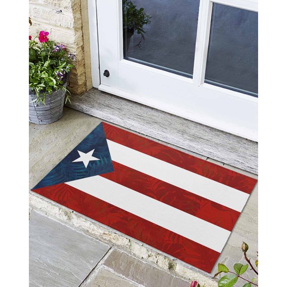 Front Door Mat Indoor Outdoor Puerto Rico Stars and Stripes Flag Non-Slip Doormat Low Profile Patio Porch Entryway Rug 24x36in Palm Leaves Texture