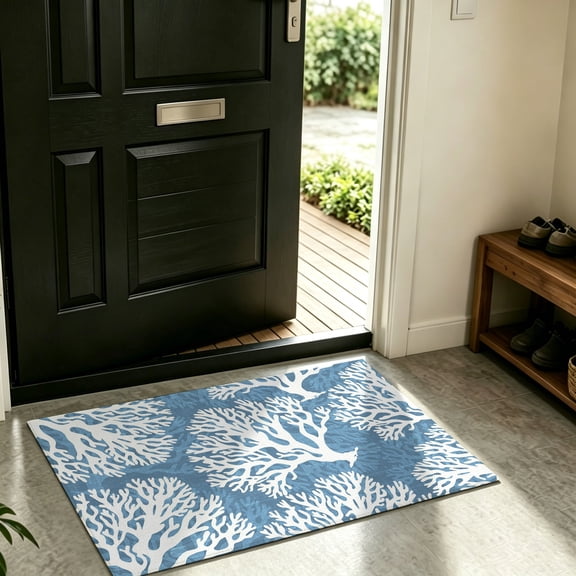 Front Door Mat Indoor Outdoor Summer Large Coral Reef Non-Slip Doormat Low Profile Patio Porch Entryway Rug 16x24in Coastal Blue Background