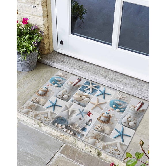 Front Door Mat Indoor Outdoor Summer Ocean Starfish Shell Conch Lighthouse Non-Slip Doormat Low Profile Patio Porch Entryway Rug 16x24in Ocean Collage Art