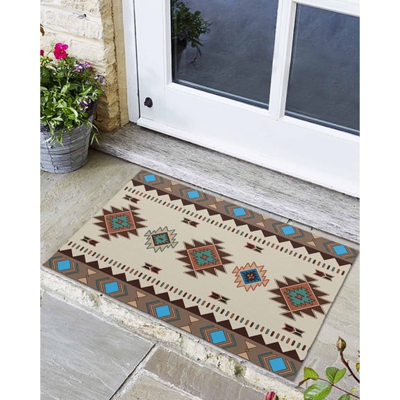 Front Door Mat Indoor Outdoor Tribal Aztec Ethnic Style Non-Slip Doormat Low Profile Patio Porch Entryway Rug 18x30in Abstract Geometric Vintage Brown