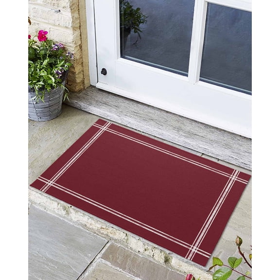 Front Door Mat Indoor Outdoor Wine Red Dark Maroon Non-Slip Doormat Low Profile Patio Porch Entryway Rug 24x32in Burgundy Red