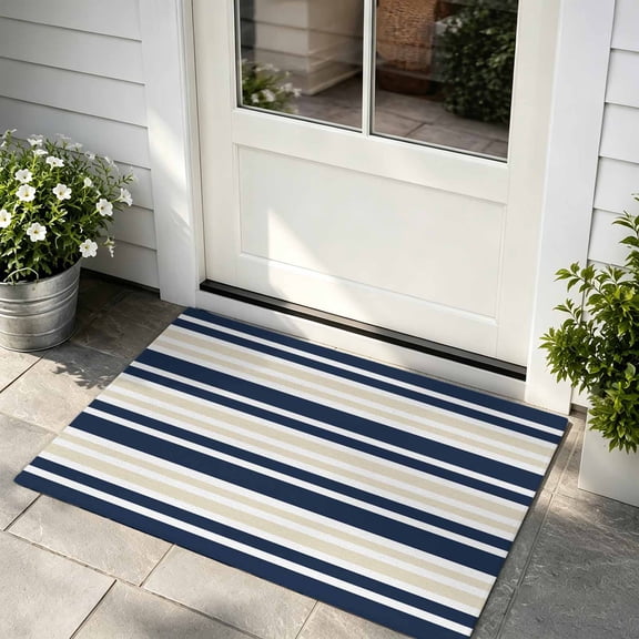 Front Door Mat, Navy Blue Khaki Striped Indoor Door Mats for Entryway TPR Backing Non Slip Mats, Gradient Horizontal Lines Absorbent Kitchen Floor Mat, Washable Entryway Rugs 16x24 Inch