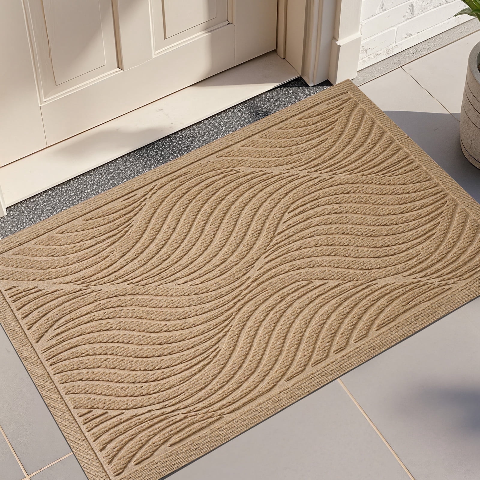 Front Doormat Non Slip Outdoor Mat 24"x36", Dirt Trapper TPE Welcome Mats Outdoor Indoor Rug, Durable Easy Clean Low Profile Doormat for Garage Entryway Patio High Traffic Areas,Beige