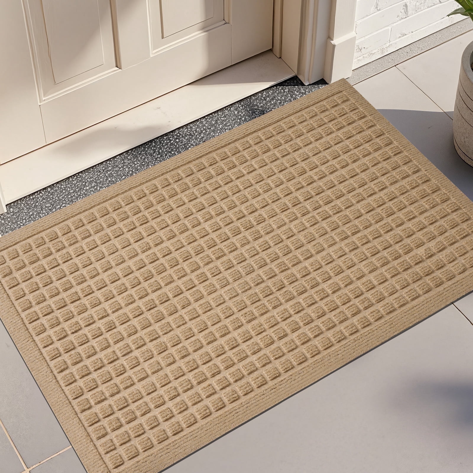 Front Doormat Non Slip Outdoor Mat 17"x29", Dirt Trapper TPE Welcome Mats Outdoor Indoor Rug, Durable Easy Clean Low Profile Doormat for Garage ,Entryway .Patio .High Traffic Areas, Beige