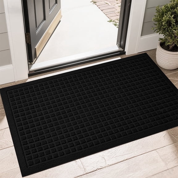 Front Doormat Non Slip Outdoor Mat 24"x36", Dirt Trapper TPE Welcome Mats Outdoor Indoor Rug, Durable Easy Clean Low Profile Doormat for Garage ,Entryway ,Patio ,High Traffic Areas, Black