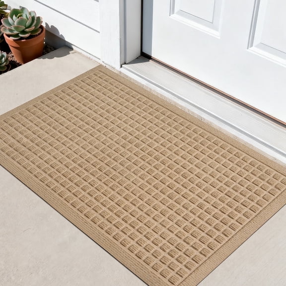 Front Doormat Non Slip Outdoor Mat 24"x36", Dirt Trapper TPE Welcome Mats Outdoor Indoor Rug, Durable Easy Clean Low Profile Doormat for Garage ,Entryway ,Patio, High Traffic Areas, Beige