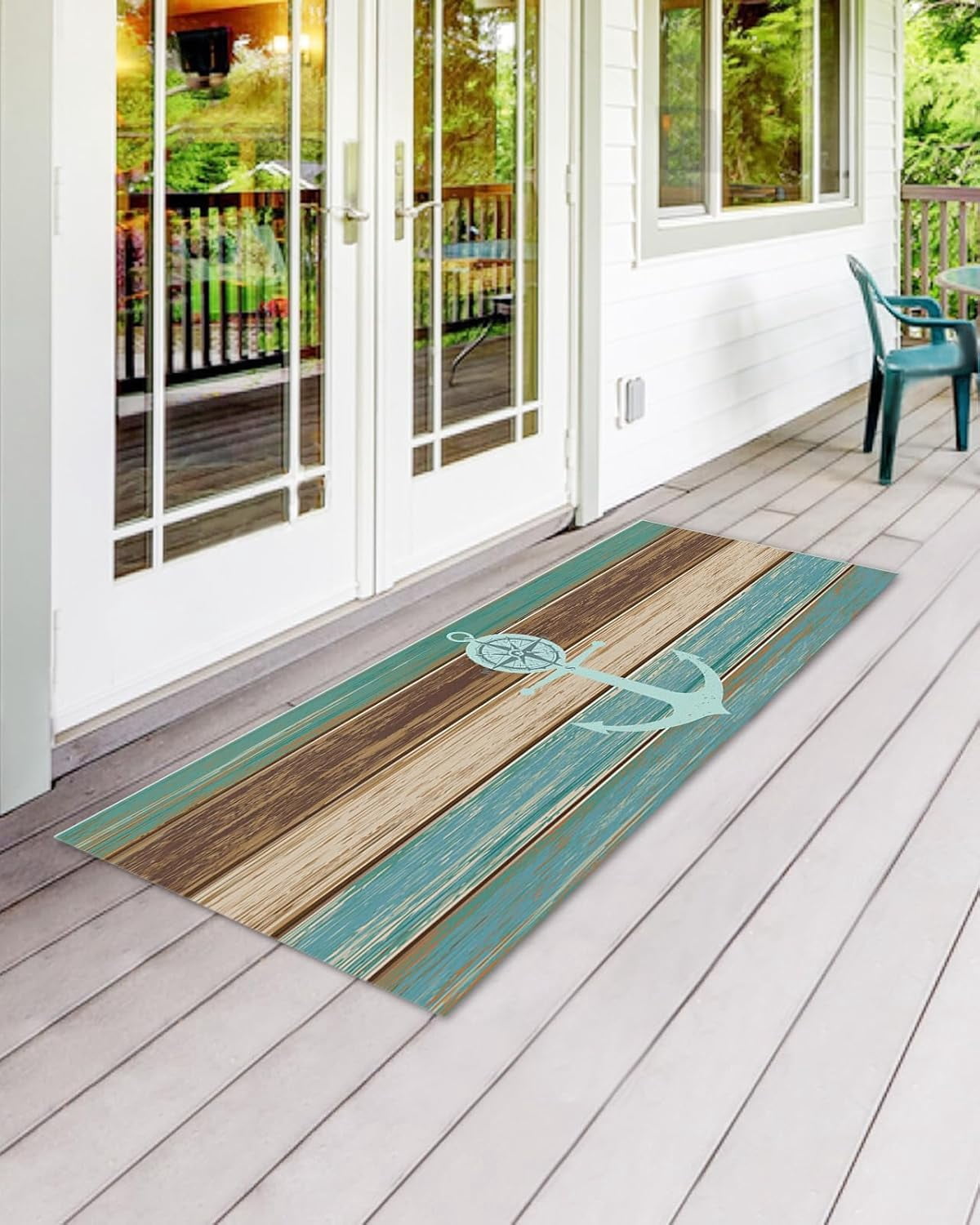 Front Door Mat Ocean Marine Theme Anchor On Retro Wooden Board Indoor