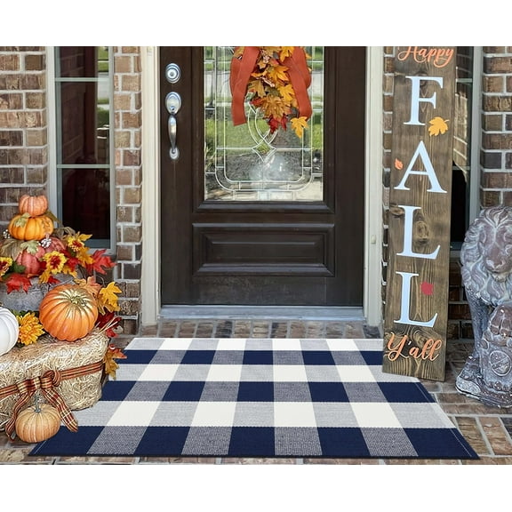 Front Door Mat Outdoor 24''x35''Blue and White Buffalo Plaid Area Rug Machine Washable Cotton Woven Layering Doomat for Hello/Welcome Mat Porch,Kitchen,Farmhouse,Entryway,Bedroom