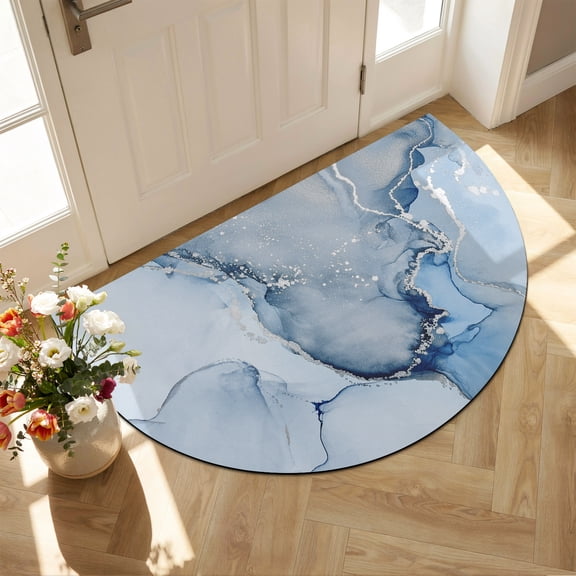 Front Door Mat Outside Entrance 18"x30", Blue Marble Absorbent & Non-Slip Half Circle Doormat Indoor Entrance, Low-Profile Welcome Mat for Entryway Patio Modern Ombre Abstract Fluid Aesthetic