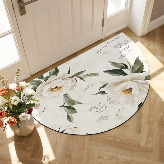 Front Door Mat Outside Entrance 18"x30", Vintage Floral Spring Absorbent & Non-Slip Half Circle Doormat Indoor Entrance, Low-Profile Welcome Mat for Entryway Patio Farmhouse Botanical White Flowers
