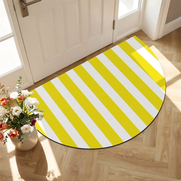 Front Door Mat Outside Entrance 18"x30", Yellow Striped Absorbent & Non-Slip Half Circle Doormat Indoor Entrance, Low-Profile Welcome Mat for Entryway Patio Modern Farmhouse Yellow White Stripes