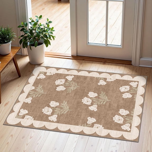 Front Door Mat Outside Entrance - 2x3 Floral Non-Slip Washable Doormat Indoor Outdoor Mat Tan Neutral Farmhouse Scalloped Entry Rug Small Throw Rugs for Entryway Kitchen Front Porch Decor