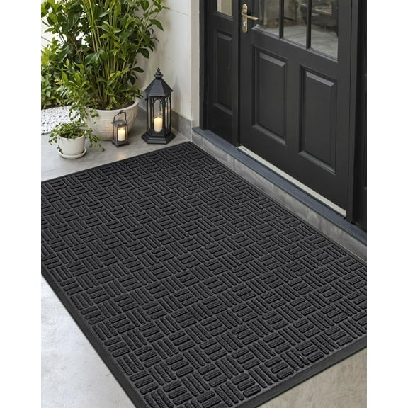 Front Door Mat Outside Entrance, 4x6 ft Large Rubber Entry Doormat Heavy Duty, Welcome Mats Non Slip for Inside House Floor Entryway Double Doors Exterior Patio, Maze Black