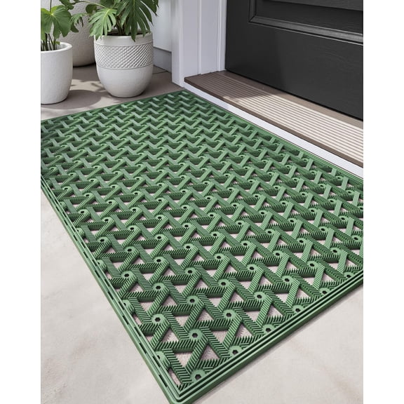 Front Door Mat Outside Entrance Rubber 24x36, Welcome Floor Doormat Heavy Duty Non Slip, Dirt Trapper Waterproof Exterior Entry Mats All Weather for Patio Entryway Drainage, Green