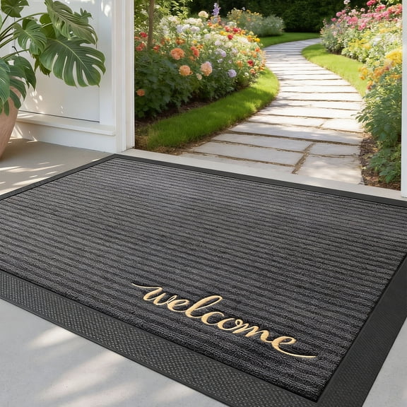 Front Door Mat, Rubber Entry Doormat Heavy Duty, Non Slip Welcome Mats for Inside House Floor Entryway Exterior Patio, Welcome Grey