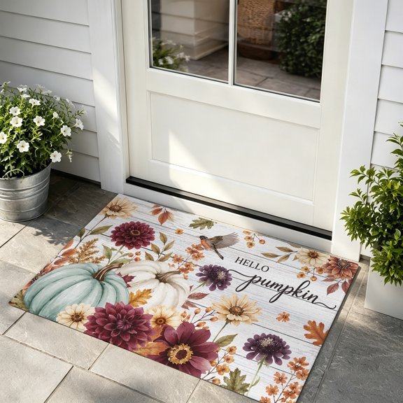 Front Door Mat, Thanksgiving Fall Indoor Door Mats for Entryway TPR Backing Non Slip Mats, Harvest Pumpkin Flower Leaves Wood Grain Absorbent Kitchen Floor Mat, Washable Entryway Rugs 16x24 Inch