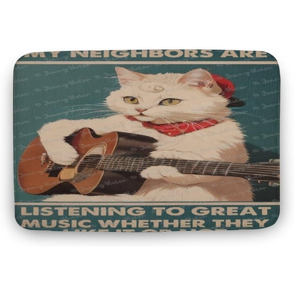 Front Door Mat, Welcome Door Mats Outdoor Indoor, Coral Velvet Door Mat, Non-Slip Rubber Backing Low Profile Doormat for Entryway, 16"x24", White Cat, Music