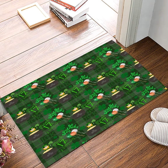 Front Door Mat Welcome Doormat- Lucky St. Patrick''s Day Elf Shamrocks- March 17 Entrance Mat Low-Profile Floor Mat for Indoor/Outdoor/Home/Office